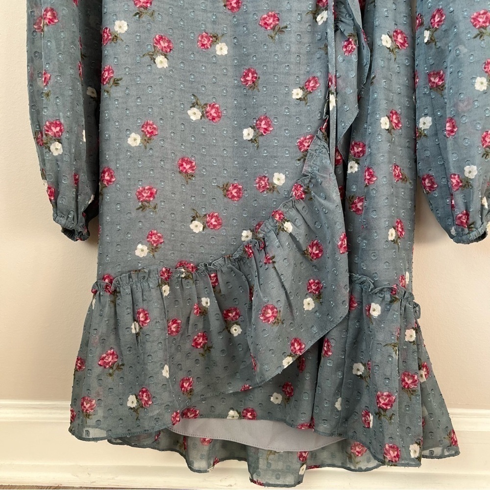 Wayf Eloise Floral Wrap Dress Clip Dot Ruffle Long Sheer Sleeve Tulip Hem Sz S - Picture 6 of 14